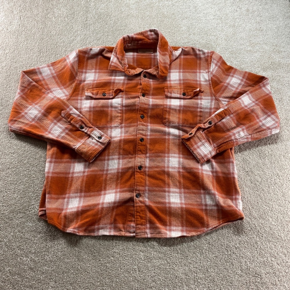 Lucky Brand Flannel Shirt Mens XL Orange White Plaid Long Sleeve Button Up